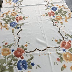 Tablecloth Cream Printed Floral Cutwork 104 x 70 Plus 12 Napkins Satin Finish